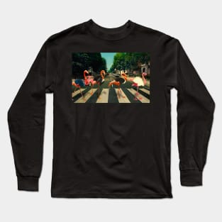 Flamingos in dapper suits crossing the zebra crosswalk at Abbey Road in London Long Sleeve T-Shirt